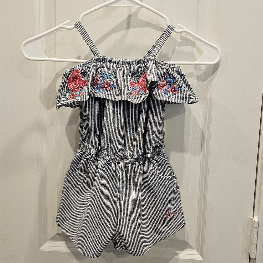 Betsey Johnson Navy Striped Romper with Floral Embroidery